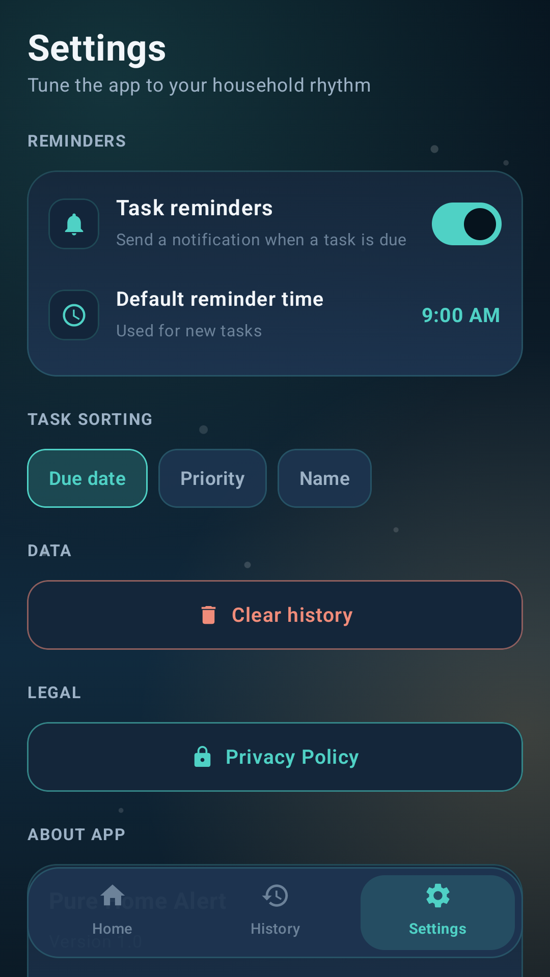 Pure Home Alert settings screen